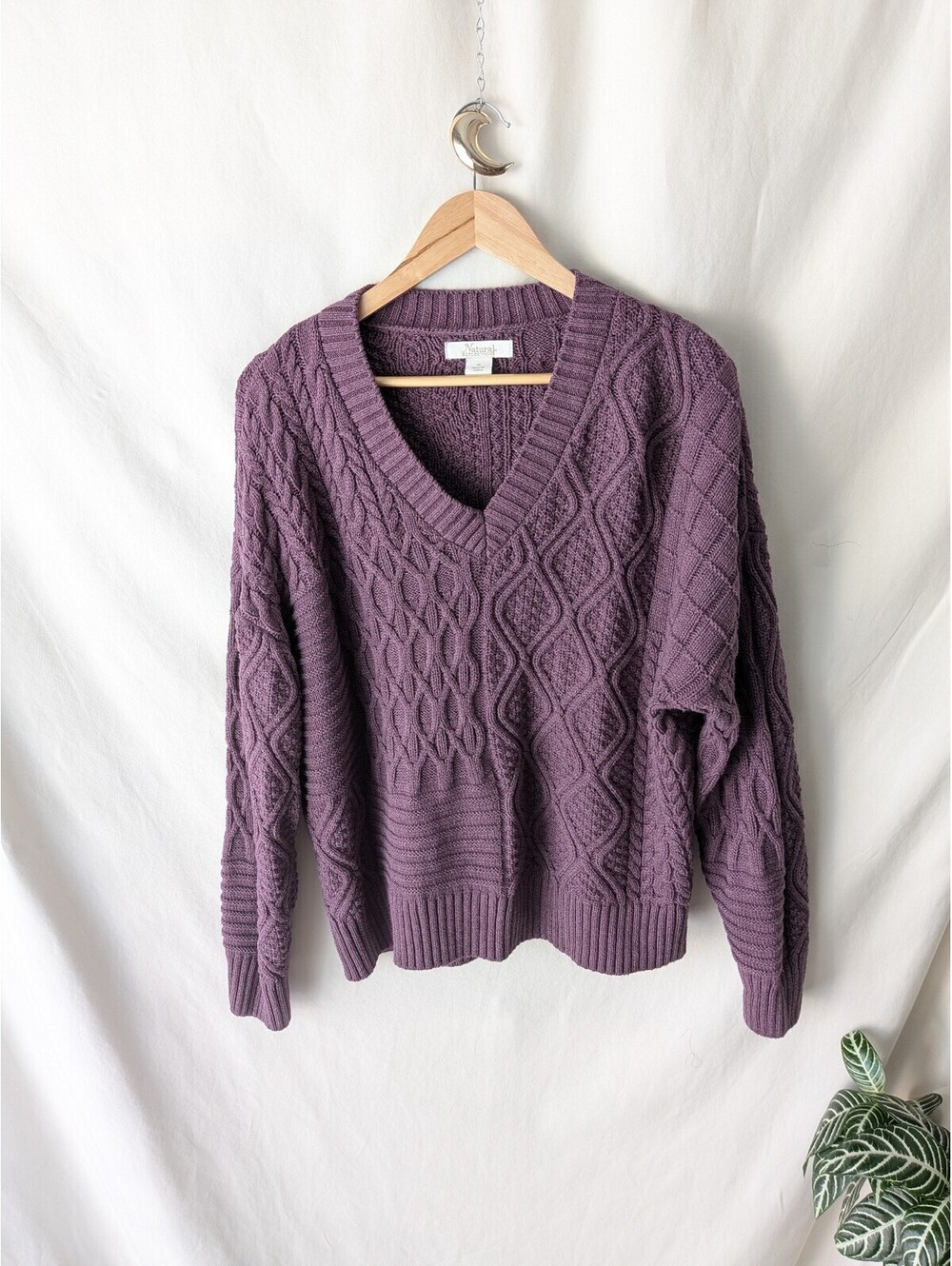 Natural Reflections Purple Cable Knit V Neck Sweater Size M